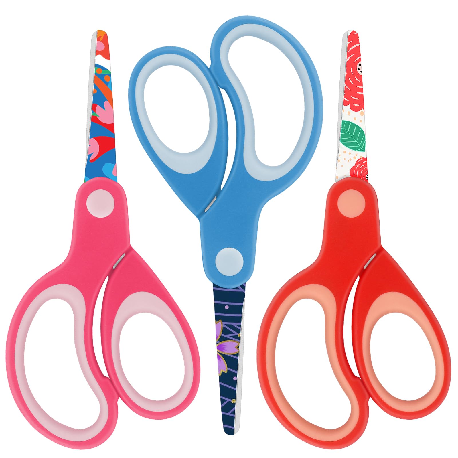 Forbici per bambini sinistri, forbice di sicurezza, artigianali smussate con motivo, ideali per casa e scuola, colori assortiti, 13,5 cm, 3 pezzi