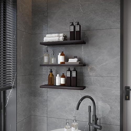 Miniatura 5 de SAUMONIERES Estantes flotantes de pared para dormitorio, baño, estante de madera maciza de 24 pulgadas, juego de 3, color espresso
