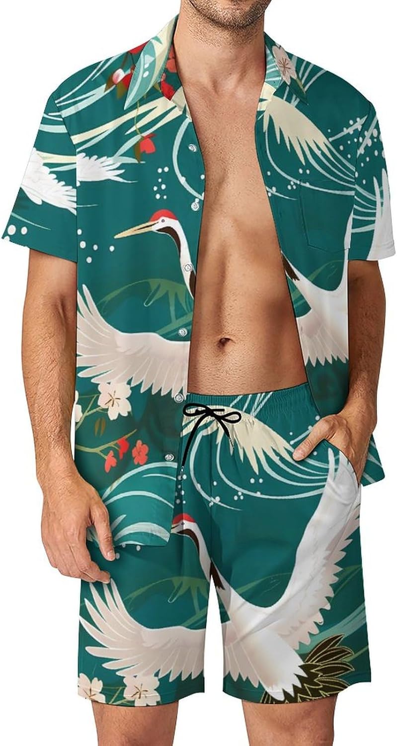 Japanese Crane Birds Wave Cherry Flowers Men's Summer Beach Outfits Shirt And Shorts Set 2 Piece Vacation Swimwear