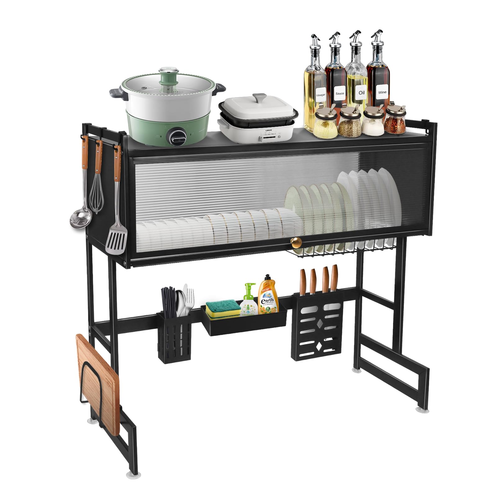 Escurridor de platos de 2 plantas sobre el fregadero, soporte para utensilios de cocina, acero al carbono, soporte de goteo, soporte para tablas de cortar (85 x 28 x 77 cm), color negro