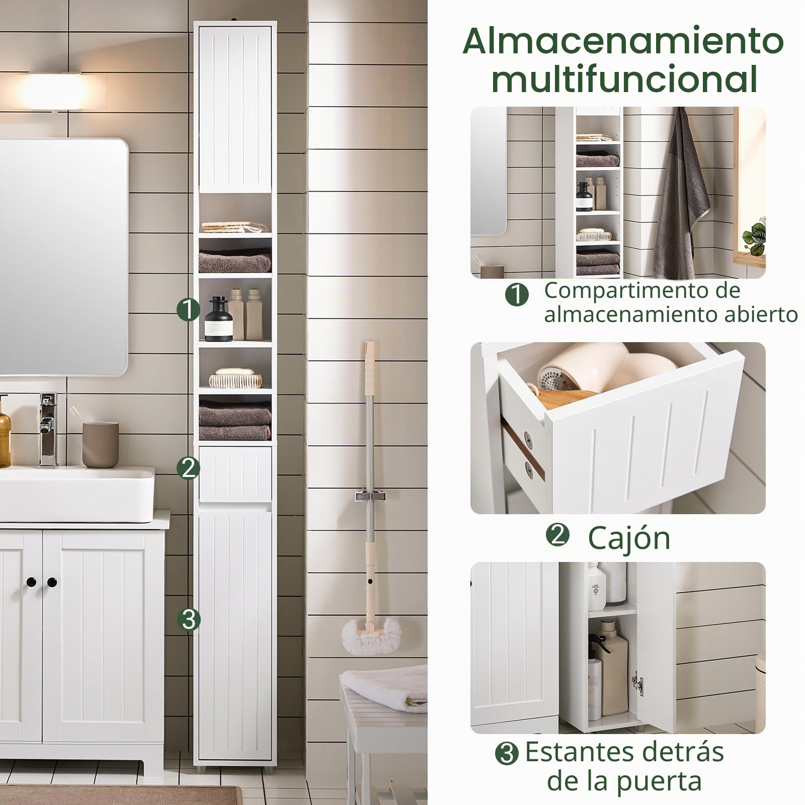 SoBuy Mueble Baño Alto Armario Baño Estrecho 20x180x20 cm Blanco | Mueble Baño Auxiliar, Armario Columna Baño con Puertas, Cajón y Estantes, Mueble Almacenaje Estrecho, BZR160-W