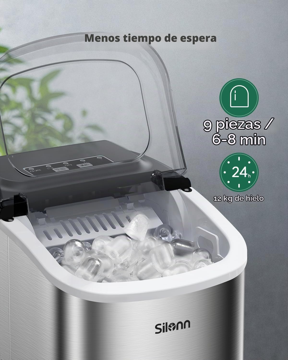 Silonn Máquina de cubitos de hielo pequeña con asa, 9 cubitos de hielo en solo 6 min, 12 kg en 24 horas, autolimpiable, compacta, con 2 tamaños de hielo, ideal para cocina, oficina y fiestas, color
