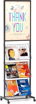 lesolar Floor-Standing Magazine Rack with Poster Board Stand, 4-tier Metal Magazine Rack with Wheels, Newspaper Holder, Book Brochure Display Stand, Poster Sign Holder for Exhibitions Store Business