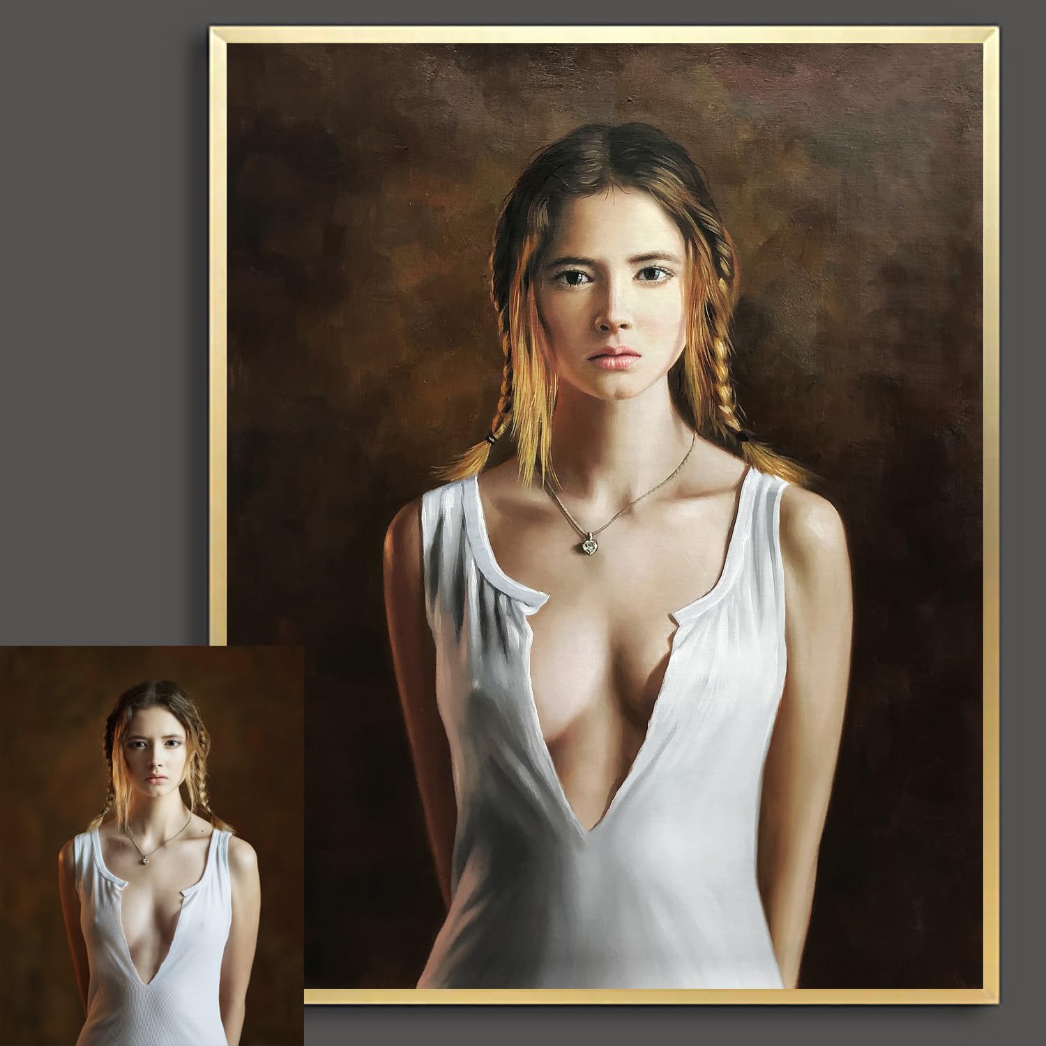 Muzagroo Art Custom Realistic Portrait Oil Paintings from Photos, 100% Hand Painted on Canvas Wall Art, Family Wedding Kids Photos to Oil Painting Framed Portrait Art (2 figures, Golden frame, 12"Wx16"H)