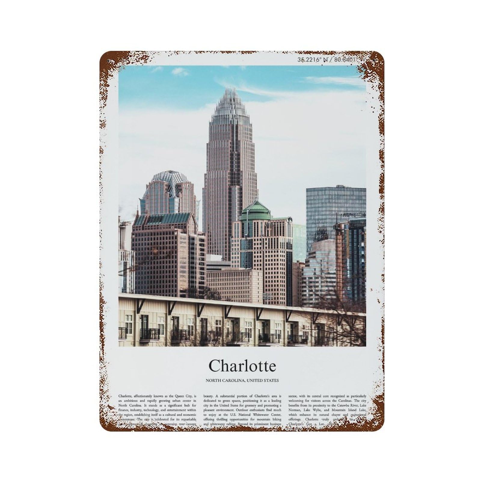 xiaoxiaoshen Charlotte North Carolina, United States, USA City Scenery Wall Decor Art Metal Tin Poster Modern Home Decor Art Home Bar Shop Decorations Vintage Sign 40x30cm