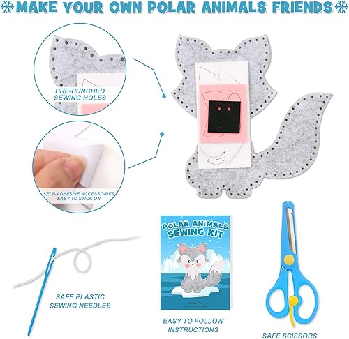 Miniatura 5 de CiyvoLyeen Kit de costura de animales polares para niños, haz tu propio kit de manualidades de fieltro de animales polares de invierno, incluye 14