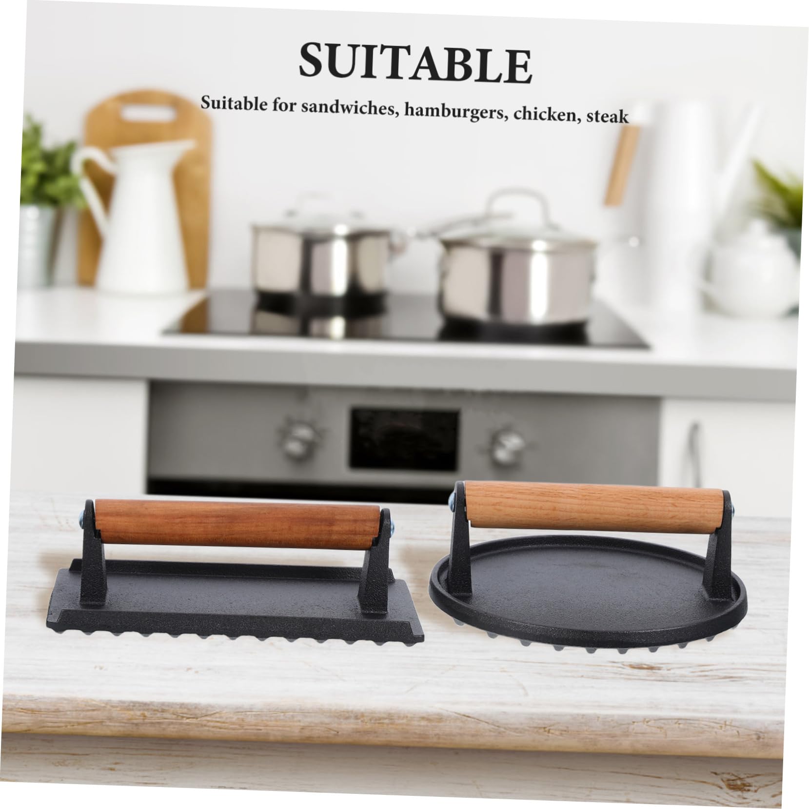 Mikikit 2stücke Fleischpresse Aus Gusseisen Mit Holzgriff Aufschnittmaschine Für Grill BBQ Und Küche Kompatibel Mit Herden Und Grillplatten Für Burger Frühstücksspeck Und Fleischgerichte