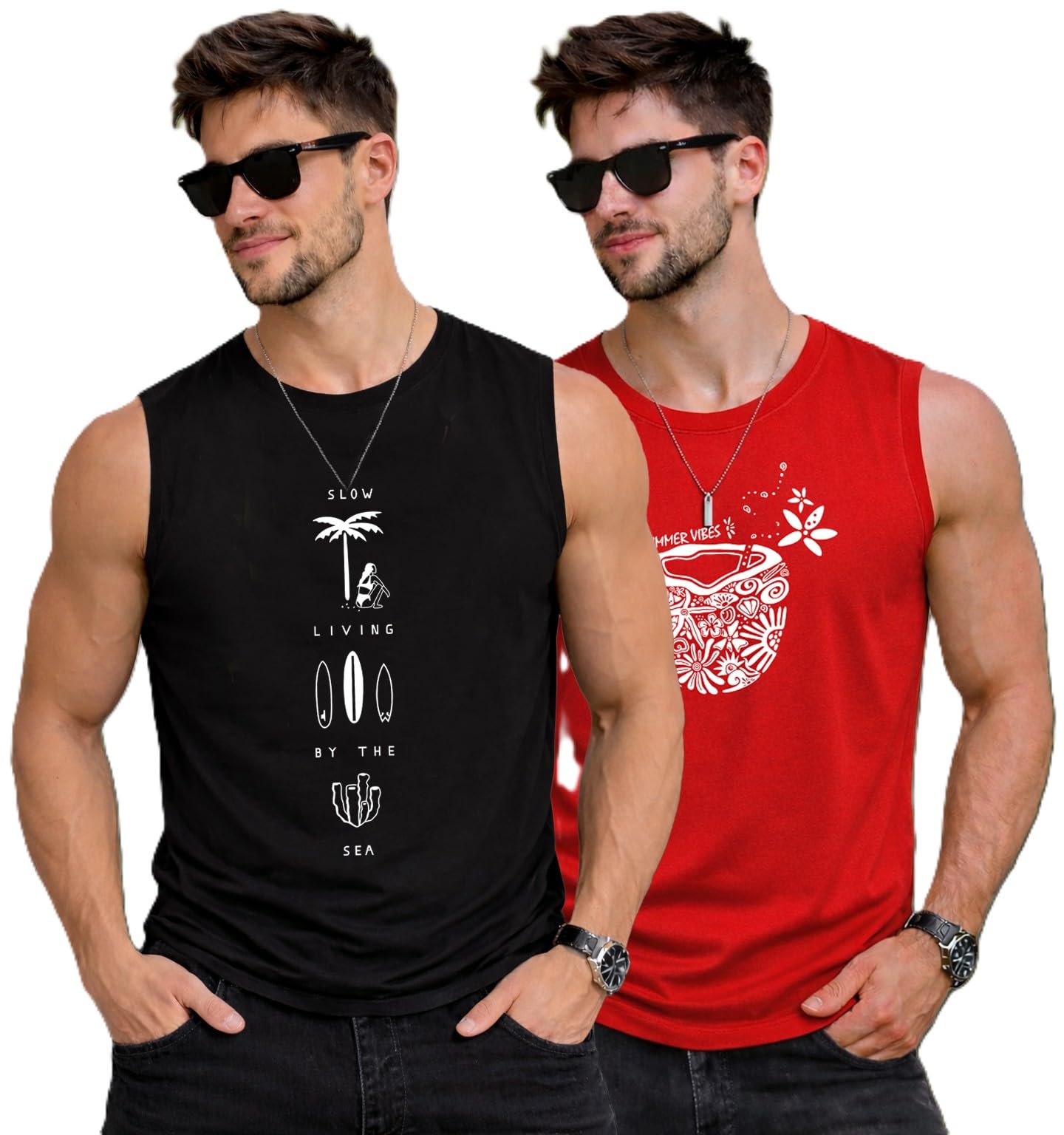 Tank Tops Sleeveless Printed T-Shirt for Men Gym Wear Vest Round Neck Running for Sports Workout Fitness & Casual or Beach Wear(Pack of 2)-image-0