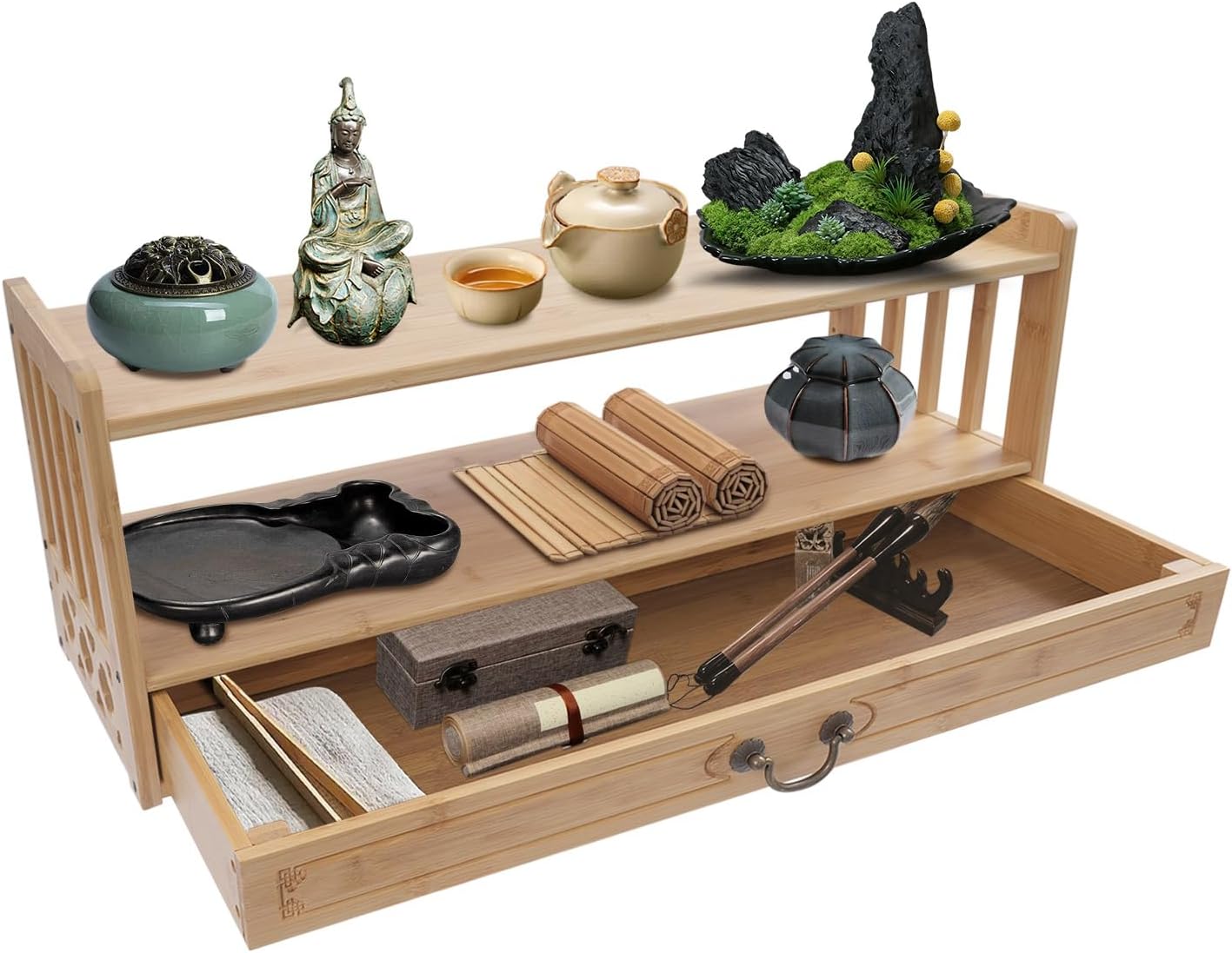 2 Tier Meditation Storage Table with Drawer, Wooden Office Desk Organizer for Desktop, Desktop Organizer Altar Table for Displaying Jars, Plants, Books