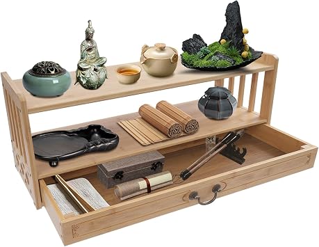 Bamboo Altar Table with Drawer 2-Tier Meditation Storage Table Chinese Style Freestanding Low Coffee Table for Displaying Jars, Plants and Books Wood Color, 27.2 L