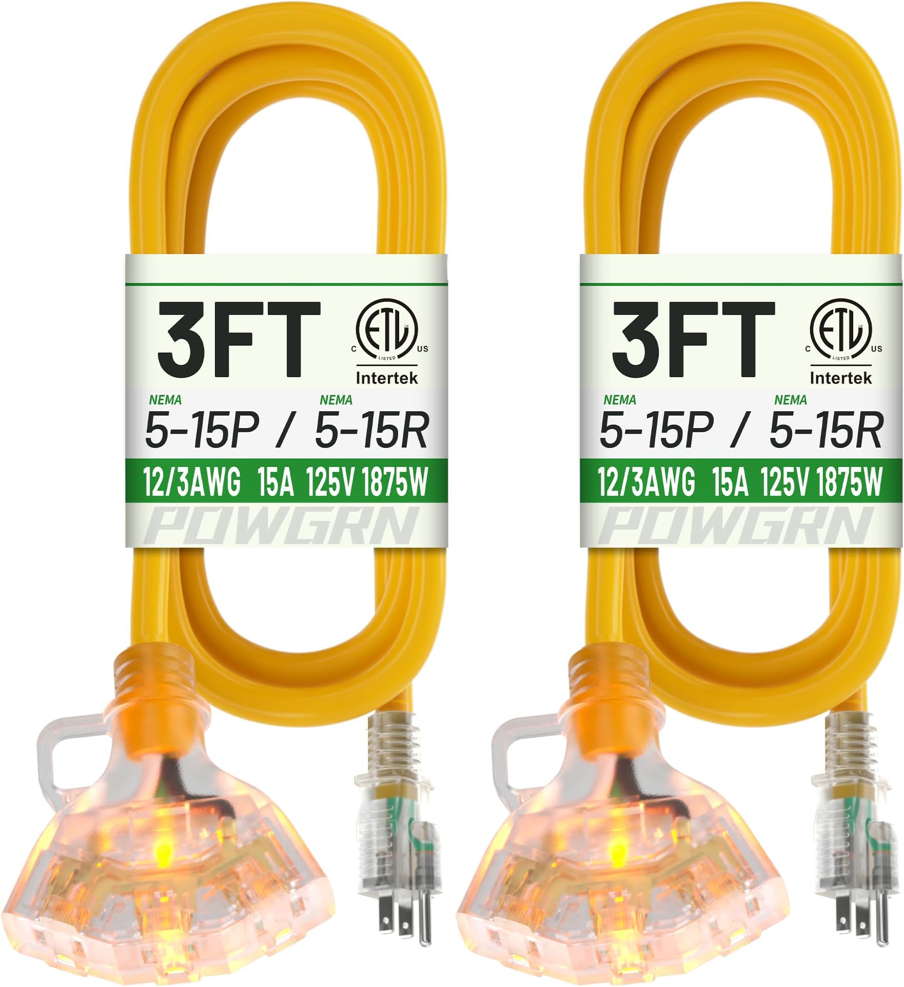 POWGRN 3 FT 2 Pack 12/3 Gauge Extension Cord with Multiple Outlets Outdoor, 3 Outlet Extension Cord Heavy Duty Yellow with Lighted, Tri-Tap Power Cable, 12AWG 15Amp 1875Watts 125Volts SJTW, ETL Listed