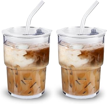 2PCS Glass Cups With Lids And Straws, Iced Coffee Cup,15Oz/450ml Iced Coffee Glasses Tumbler, Thick Wall Glass Mug For Tea Water, Matcha Cup Chirstmas Gifts Clear, 2PCS