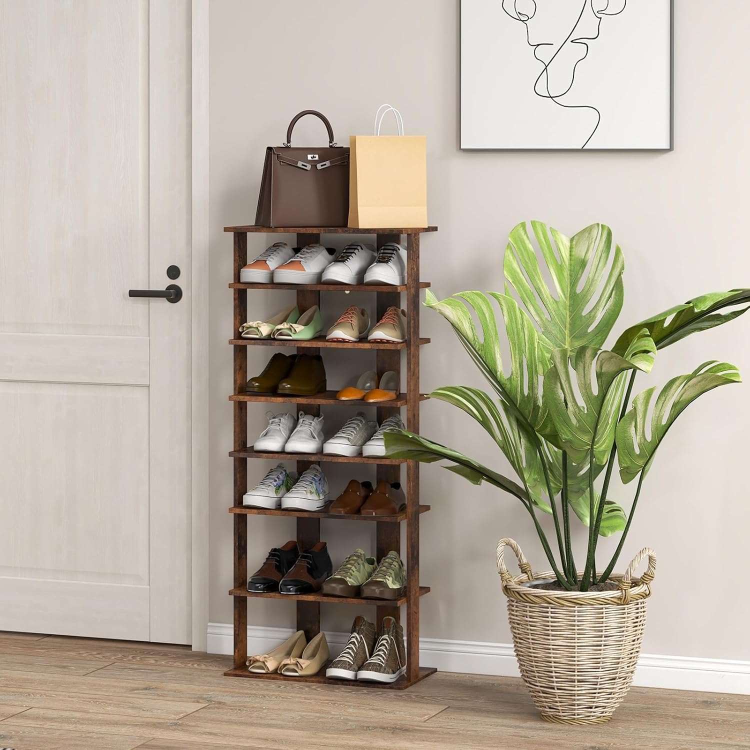 7 Tiers Vertical Shoe Rack, Wooden Slim Shoe Storage Shelf, Narrow Shoe Stand Tower for Boots, Space Saving Shoe Organizer for Closet, Entryway, Front Door (Large, Rustic Brown)