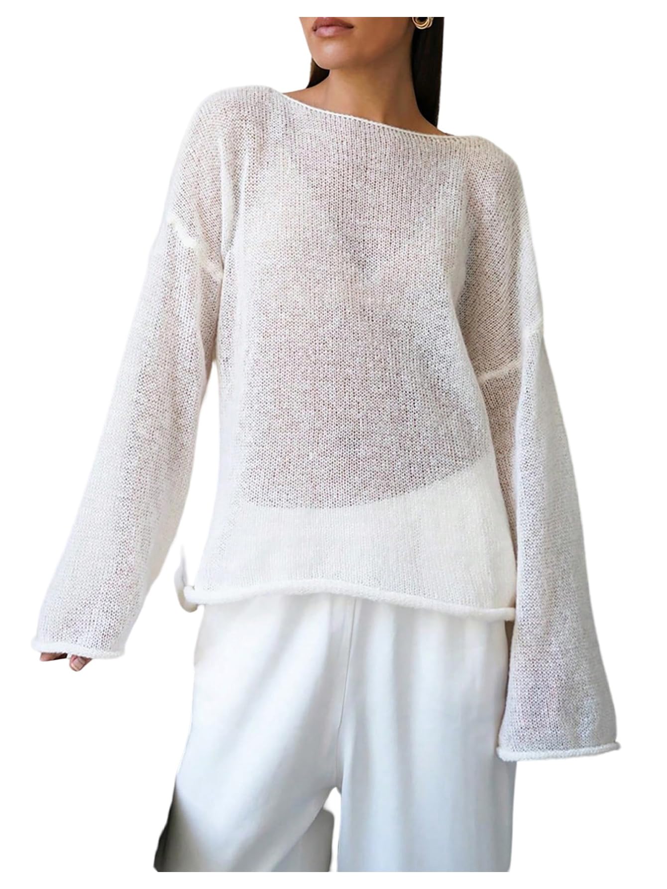 Womens Sheer Mesh Long Sleeve Tops Boat Neck See Through Lightweight Sweater Crochet Knit Tops