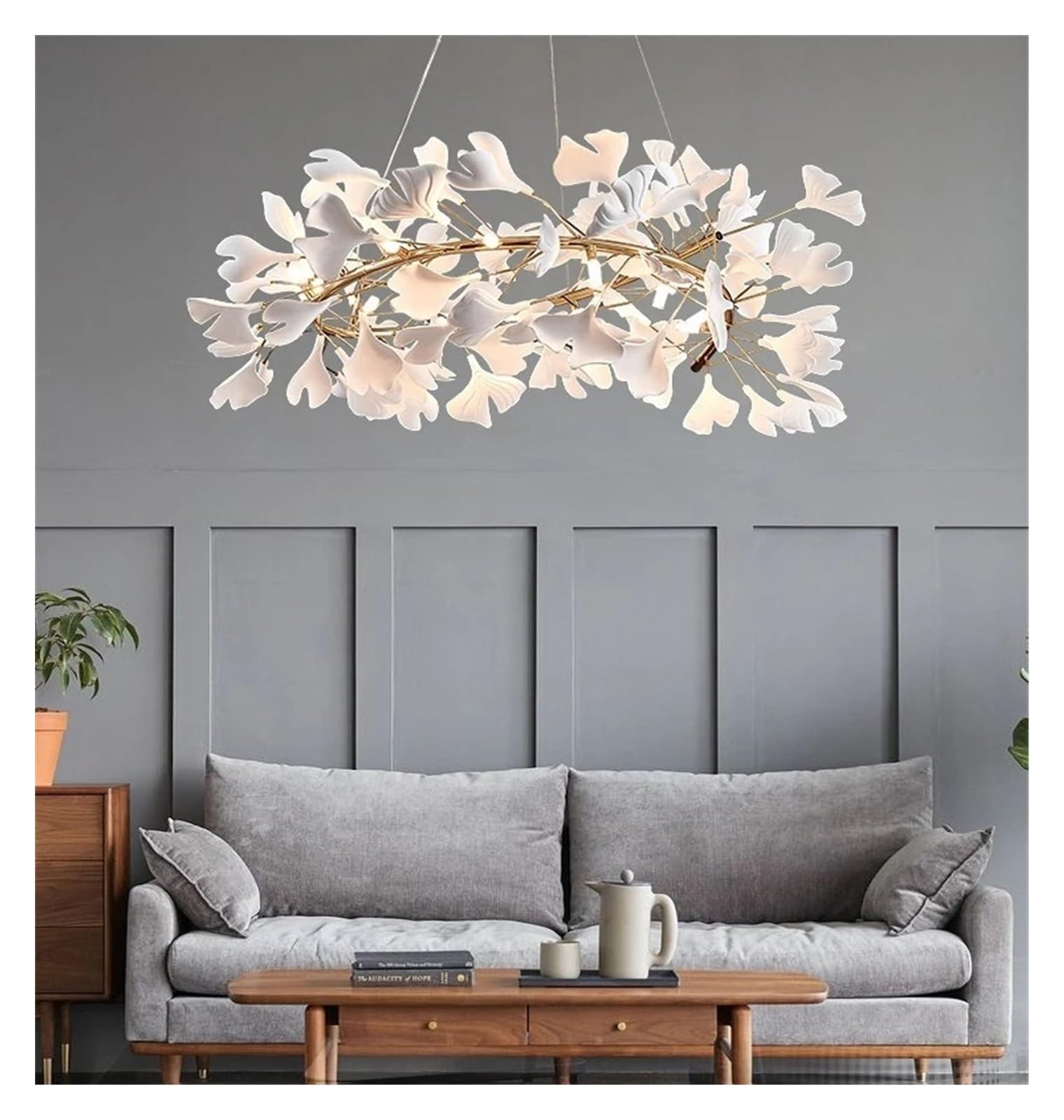 Lustre, Plafonnier suspendu rond en forme de feuille Ginkgo, design moderne, luminaire décoratif d'intérieur, idéal(White,ROUND 100CM_CERAMIC)