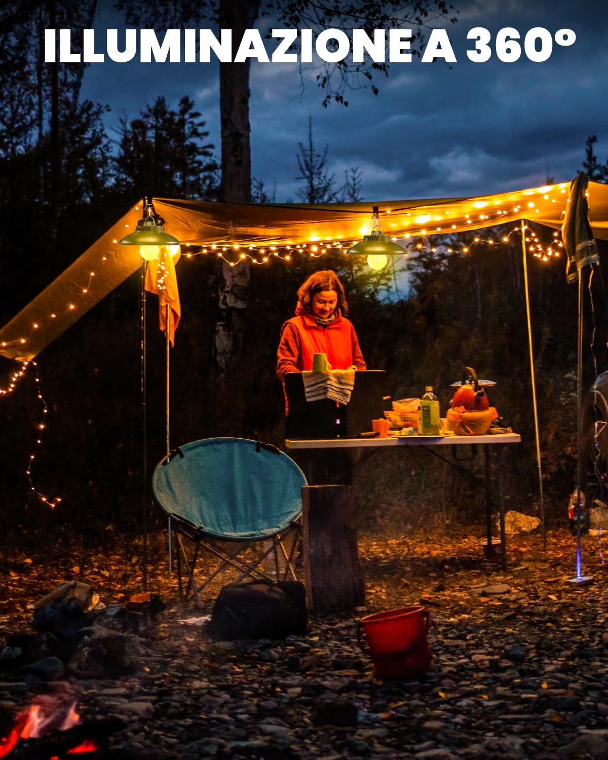 Lampada da campeggio ricaricabile, lampada da campeggio a LED con batteria da 2600 mAh, IPX4, impermeabile, luce da campeggio, 2 modalità di luce, lampada da appendere per campeggio