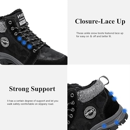 Miniatura 4 de Qiucdzi Botas de nieve de invierno para hombre, con forro de piel cálida, antideslizantes, para exteriores, zapatos de trekking antideslizantes