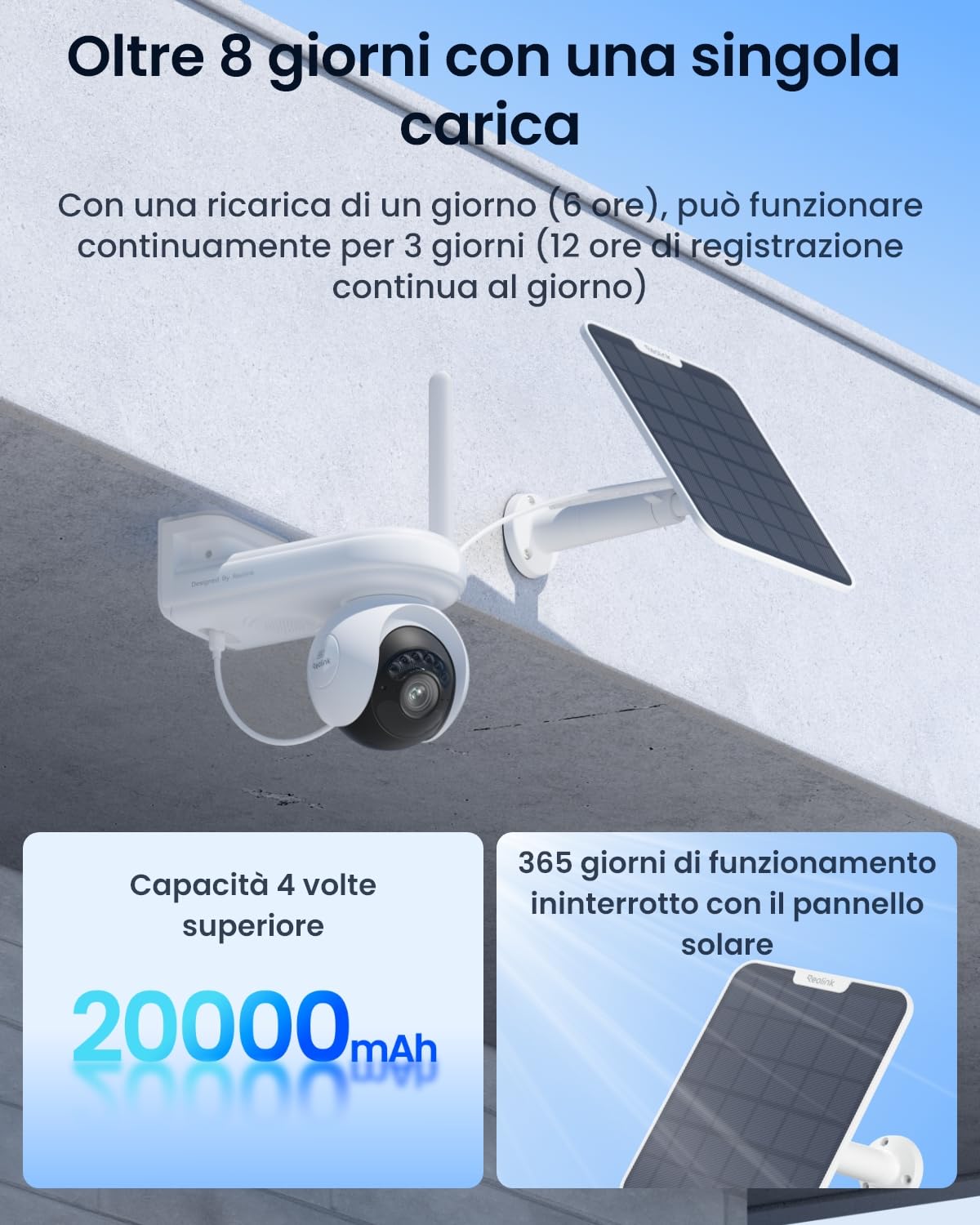 Reolink 4K Telecamera WiFi Esterno Senza Fili con Batteria da 20000 mAh, Registrazione Continua, Rilevamento AI, Auto Tracking, Visione Notturna Color, Rotazione PT 360, Altas PT Ultra+Pannello Solare