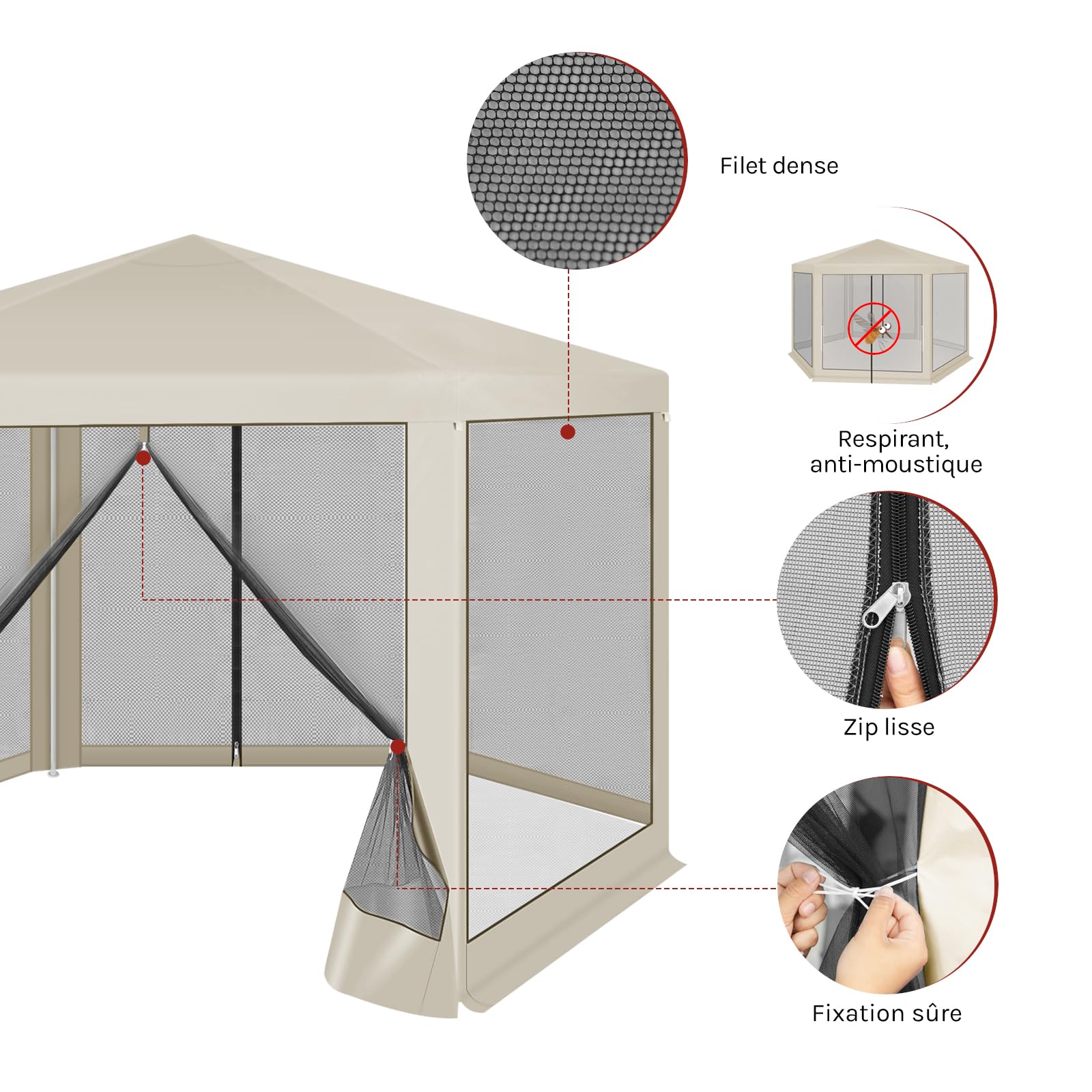 WOLTU Tonnelle de Jardin Extérieur, avec Moustiquaire, Pergola Jardin Extérieur, Tente de Réception, avec Parois Latérales en Maille, Barnum 3,8 x 3,3 m, Hexagone (Beige)