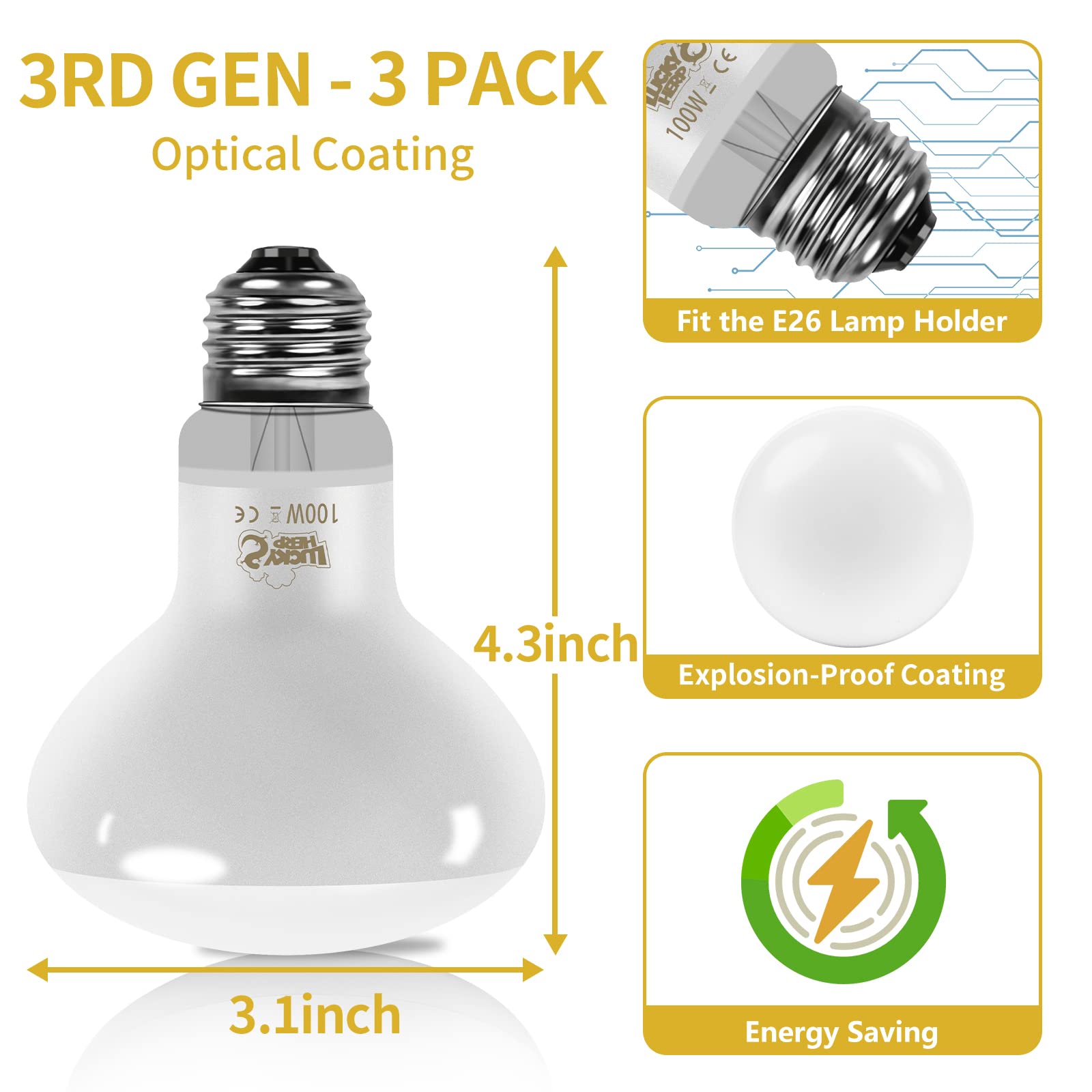 LUCKY HERP New Upgrade 3 Pack 100W Reptile Heat Lamp Bulb (3nd Gen, Safer), Amphibian UVA Heat Light Bulb, Reptile Basking Daylight Spot Lamp Bulb for Bearded Dragon, Lizard, Tortoise Heating Use - image 4