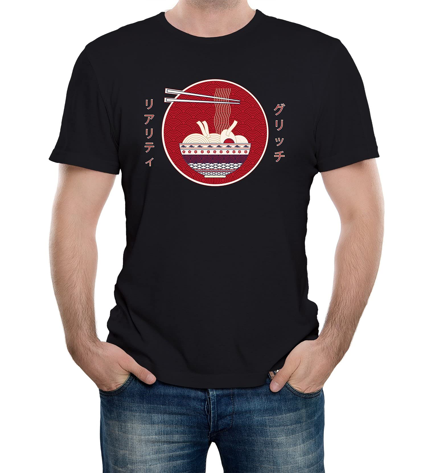 Reality Glitch Men's Black Japanese Ra Noodle Cool Retro Japan Anime Graphic Novelty T-Shirt