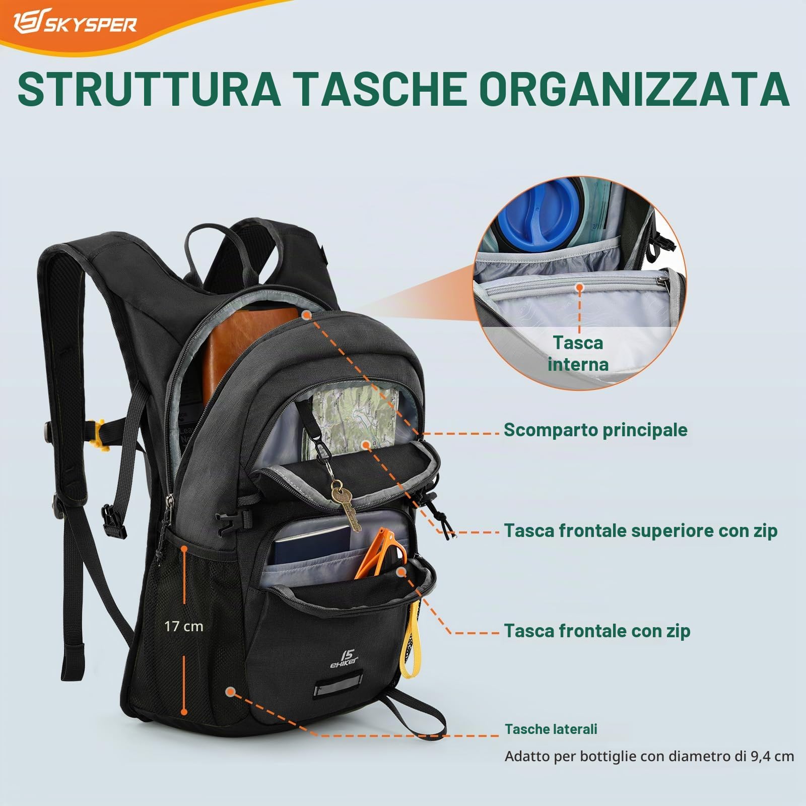 SKYSPER Zaino da Escursione 15L Zaino Sportivo | Materiale Amico dell'ambiente Zaino per Viaggio Escursioni Hiking Avventure