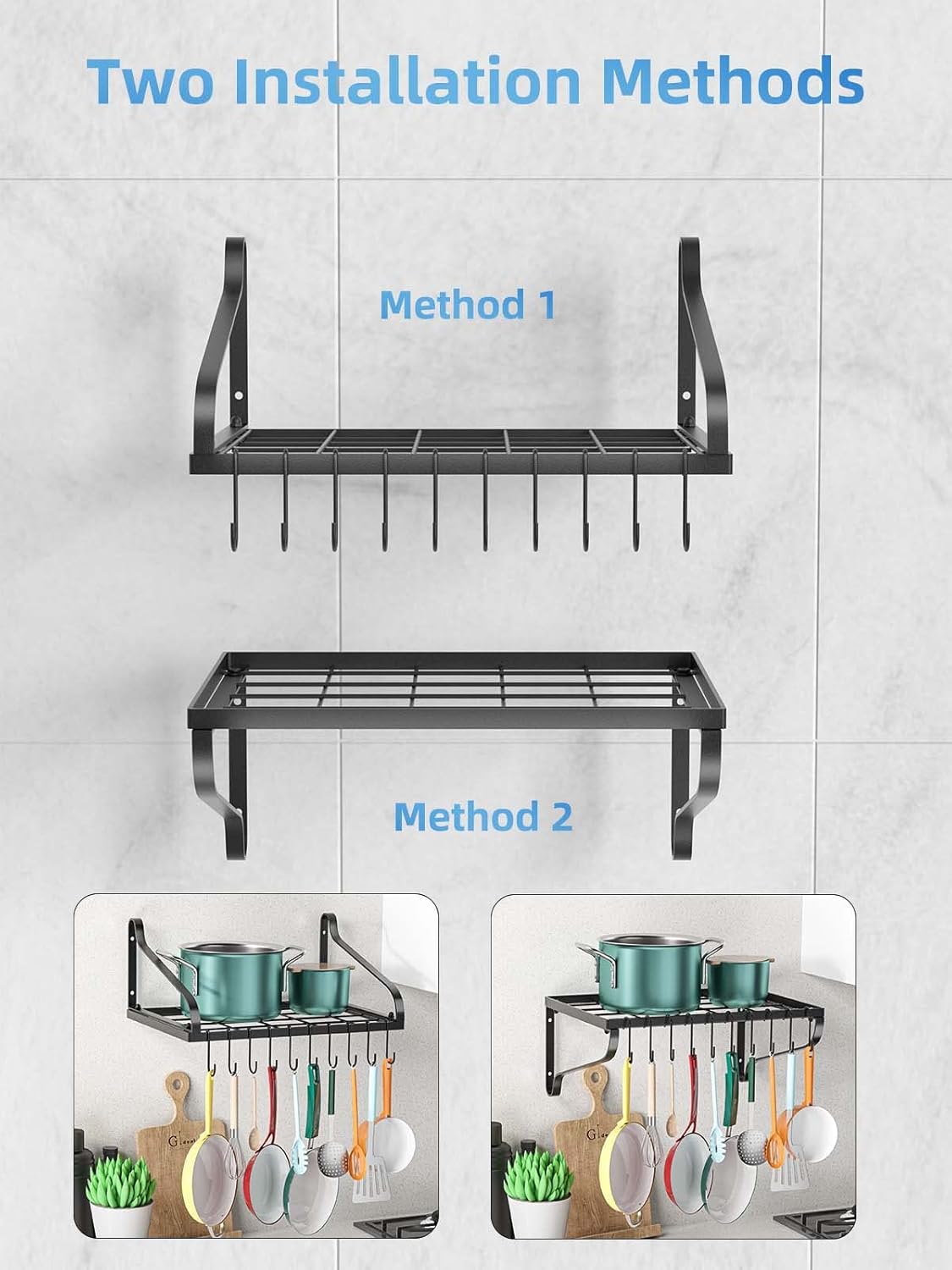 Pots and Pans Organizer - MUDEELA Hanging Pot Rack with 10 Hooks Wall Mounted Pot Pan Rack, Kitchen Wall Shelves for Cookware, 2 DIY Methods, Ideal for Pots Set, Utensils, Cookware : Home & Kitchen