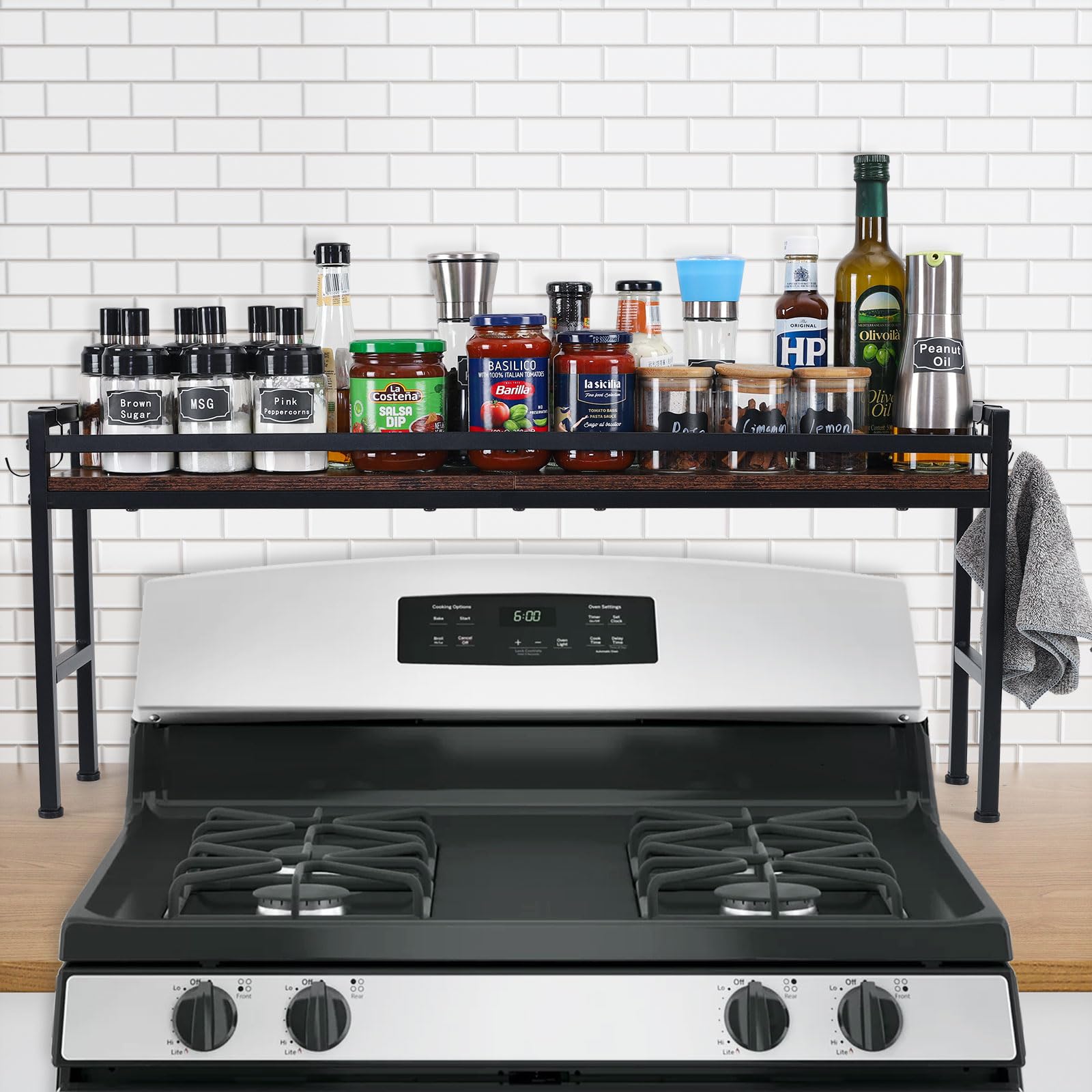 Estante de especias para estufa de cocina, estante superior de estufa con 4 ganchos de almacenamiento adicional, organizador de condimentos, organizadores de cocina y almacenamiento