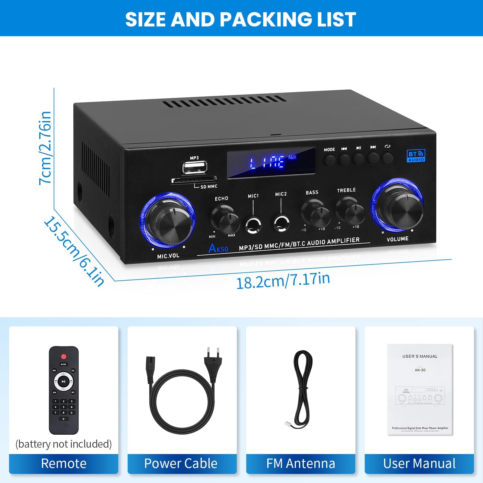 AK50 - Amplificador Hi-Fi con Bluetooth RMS 60WX2 - Amplificador de audio estéreo | Receptor de 2.0 canales, máx. 400 W, amplificador de altavoz con radio FM, eco, micrófono, USB, entrada SD para el hogar