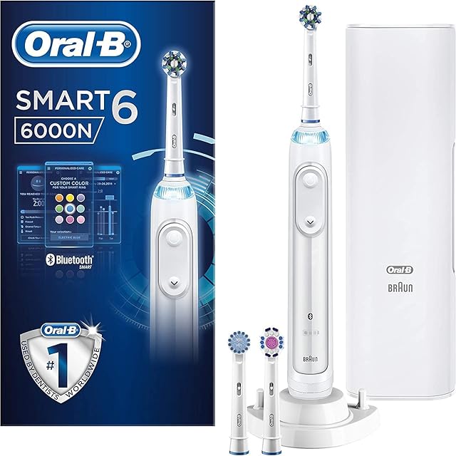 Oral-B Smart 6 Electric Toothbrush with Smart Pressure Sensor, Gifts For Women / Men, App Connected Handle, 3 Toothbrush Heads & Travel Case, 5 Modes, Teeth Whitening, 2 Pin UK Plug, 6000N