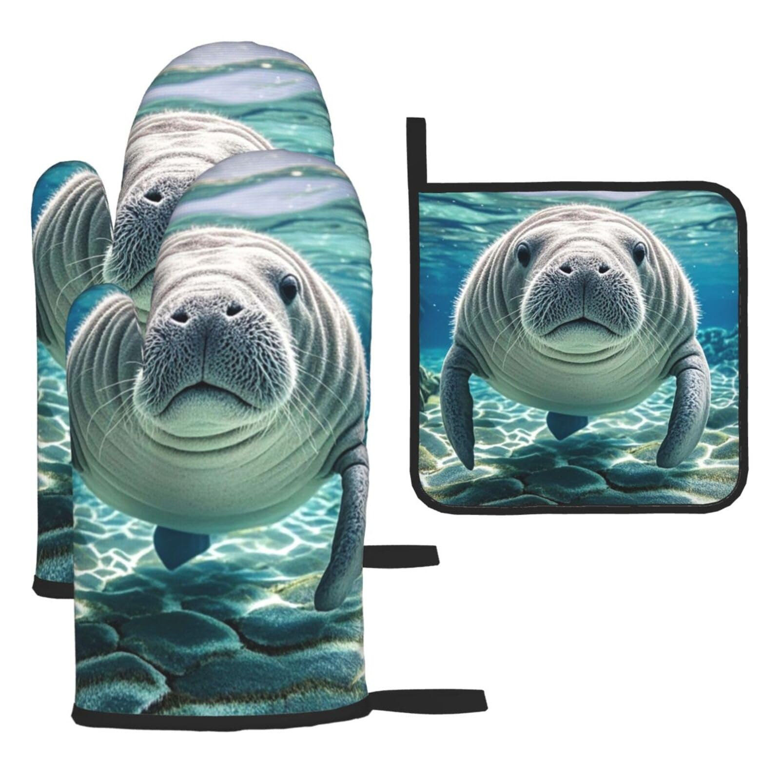 Oven Mitts and Pot Holders Set of 3 Heat Resistant Non-Slip Kitchen Gloves Hot Pads Cute Sea Animal Manatee Oven Mitts Kitchen Mittens Gloves Non-Slip Potholders for Cooking Baking Grilling BBQ