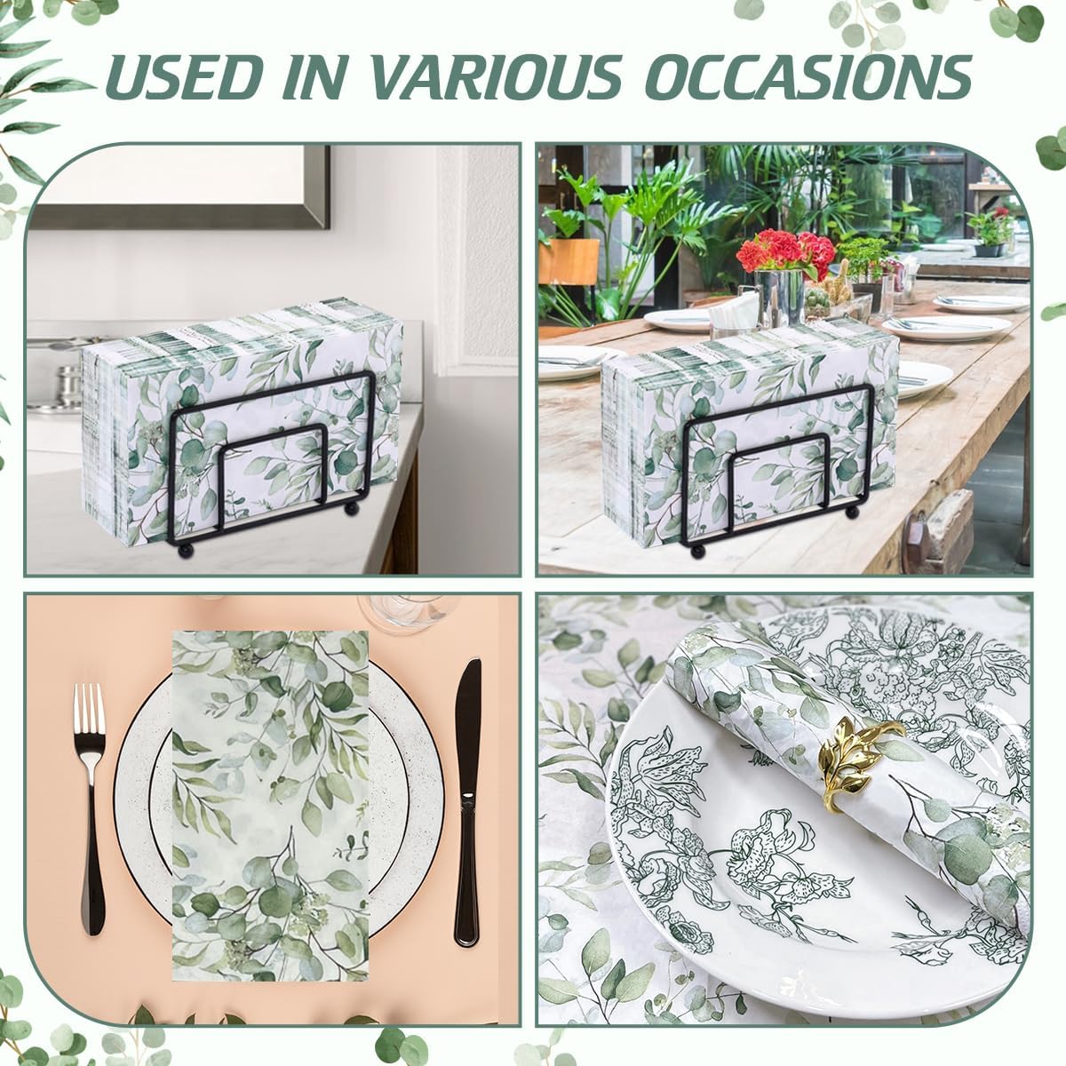 100Pcs Disposable Greenery Hand Towels and Metal Napkin Holder for Bathroom,Decorative Guest Napkins Paper and Black Napkin Holder for Baby Shower Party Supplies Table Decor