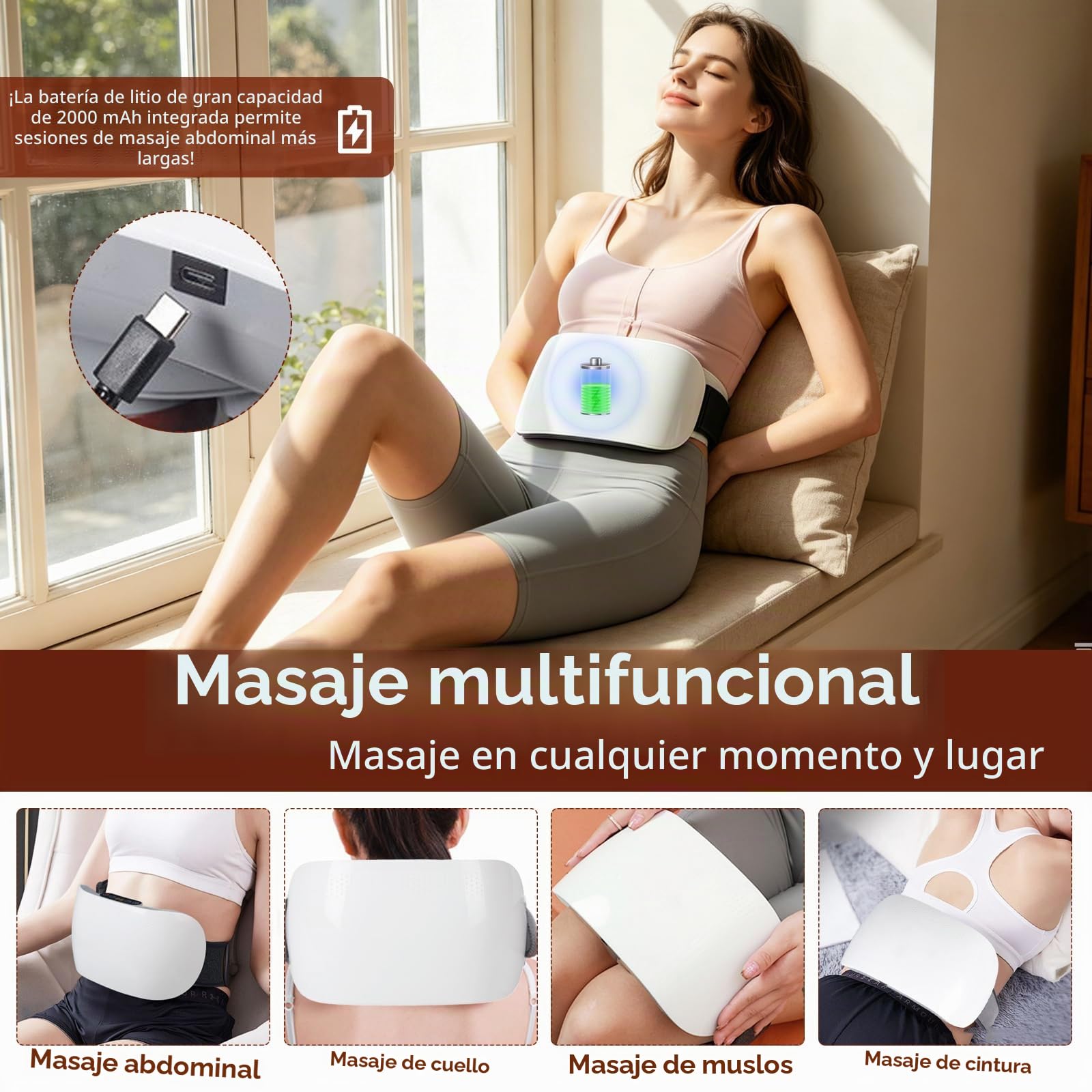 Masajeador Abdominal, Dispositivo de Masajeador Recargable de 2000 mAh con 2 Discos Cinturón de Masaje para la Cintura Inalámbrico con 3 Niveles de Intensidad para Abdomen Cintura Caderas y Piernas