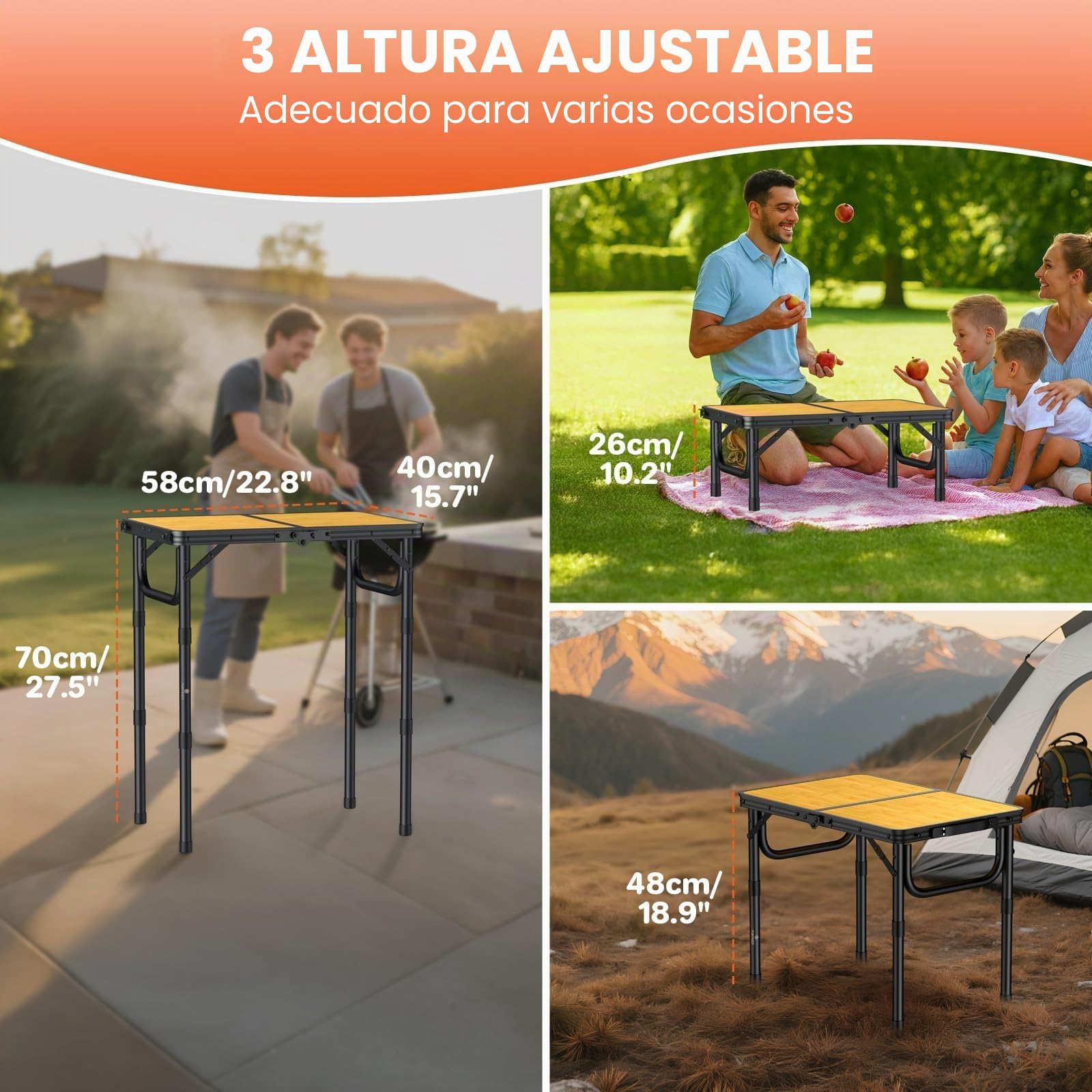 FUNYKICH Mesa de Camping Plegable 58 x 40 cm, Mesa Plegable Camping Portátil de Aluminio con 3 Alturas Ajustables (26/48/70 cm), Panel de MDF, para Picnic, Camping y Barbacoa, Ligero y Estable