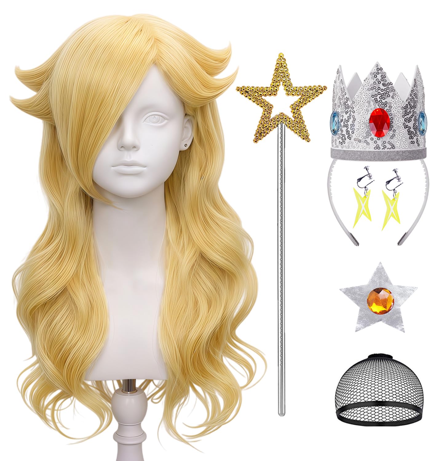 6pcs Girls Blonde Princess Costume Wig Kids Halloween Wig SL057 | Long Wavy Wig with Crown Accessories, Pre-Cut Bangs, Tangle-Free, Ready to Wear for Cosplay Party Halloween