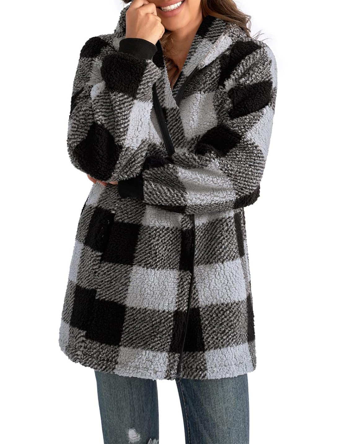 ABINGOO Manteau Hiver Femme Chaud Polaire Veste à Capuche Zippé Blouson | Fourrure Carreaux Longue Manteaux Ample Pilou Cardigan Casual Mode mi Saison Outerwear
