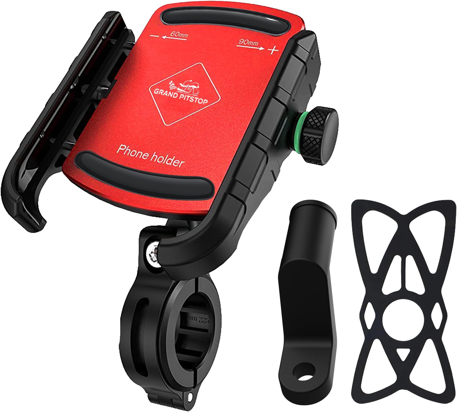 GRAND PITSTOP Bike Mobile Holder | (Red - Jaw Grip, 360° Rotation) | Strong Aluminium Clamp for Motorcycle, Scooter | Secure Phone Mount | Ideal for Navigation & Riding