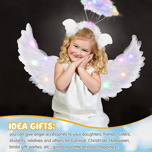 Miniatura 7 de Juego de 4 alas de ángel iluminadas y diadema, disfraz de alas de ángel blancas para niñas, alas de plumas de ángel LED para niños, mujeres,