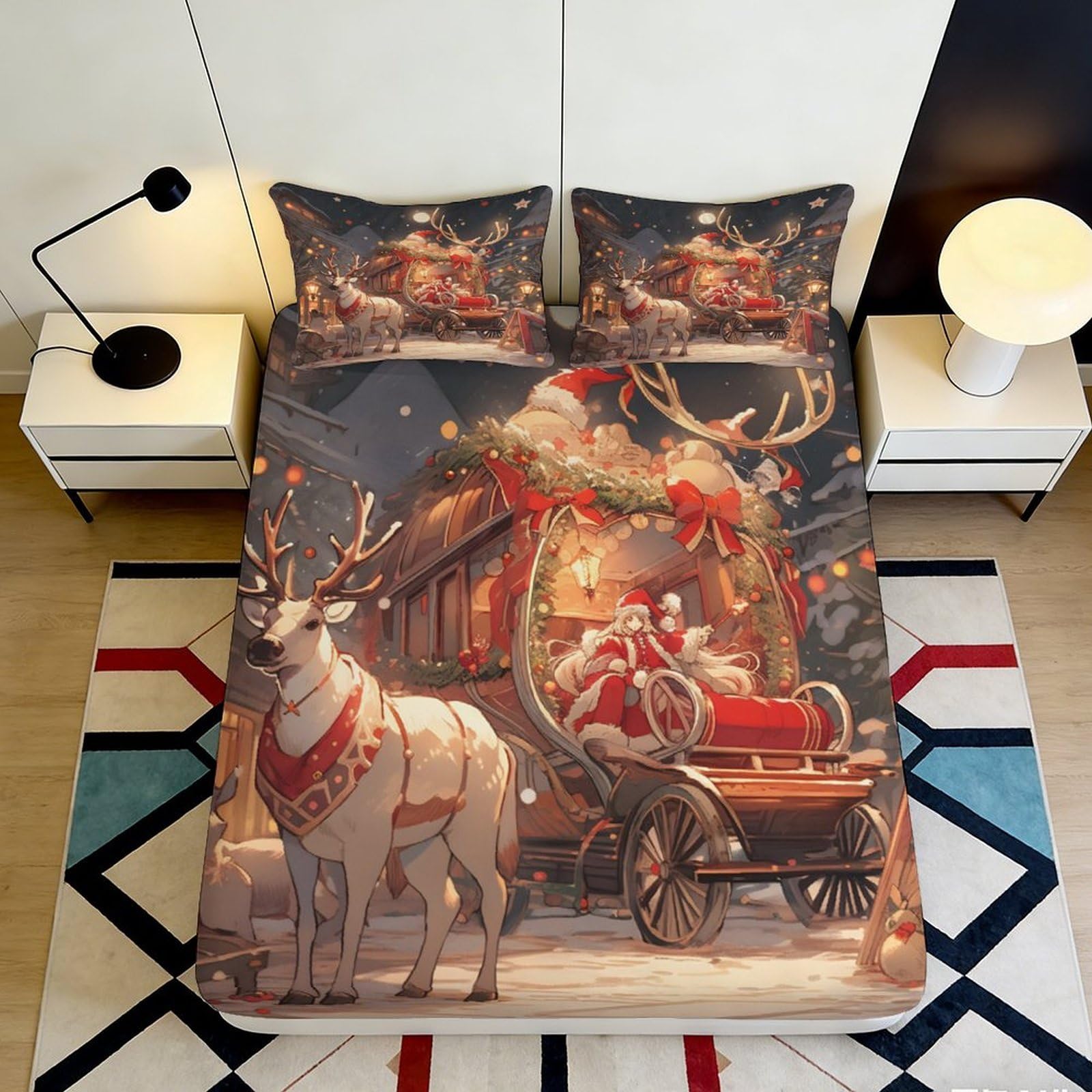 Jqzkxnhpbr Style-3 3D Printed Christmas Reindeer Fitted Sheet Microfiber Soft Holiday Santa Sleigh Bed Cover For Bedroom Guest Room Decor 90X200x25cm