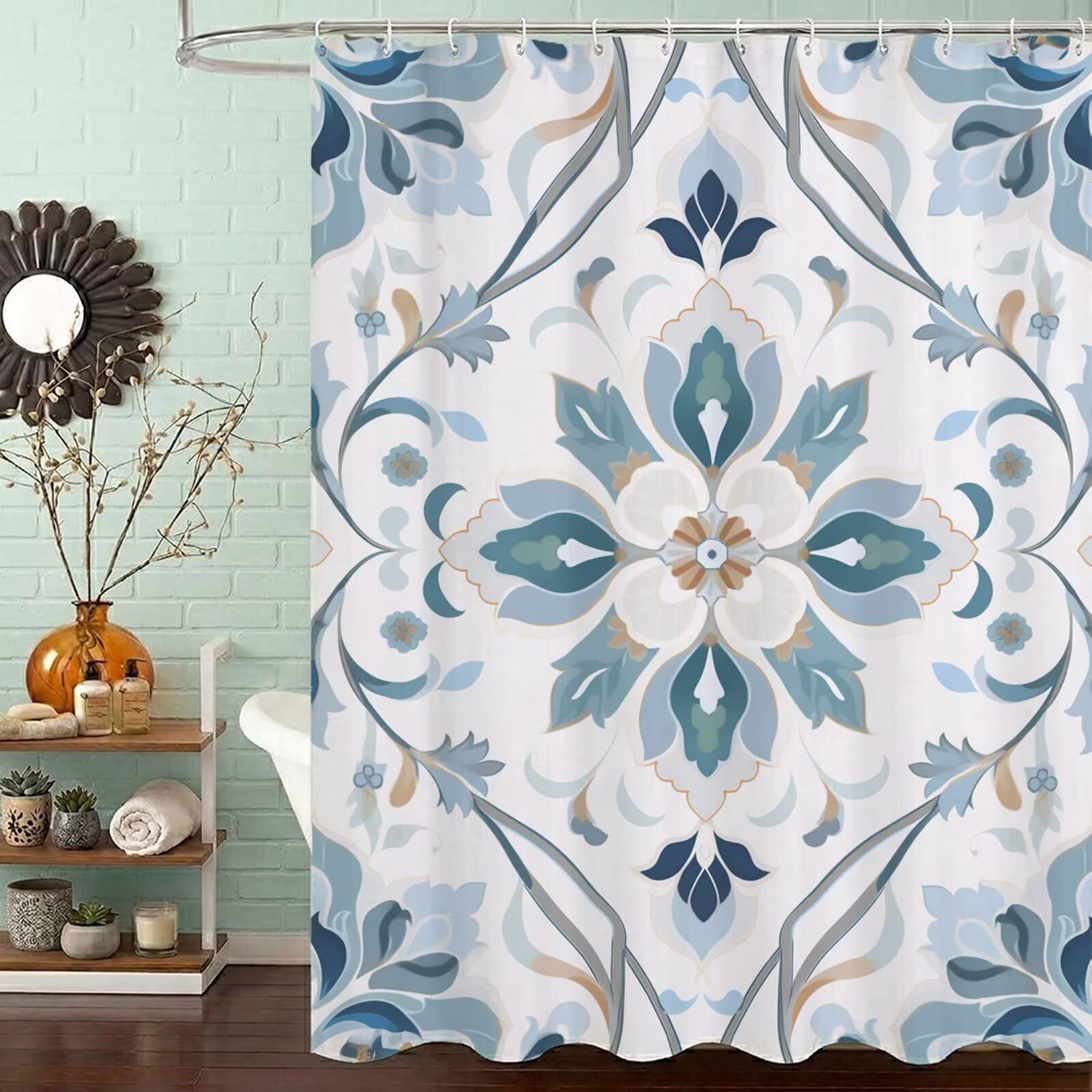 Wasserdichter Duschvorhang Anti-Schimmel 200x240 cm, Waschbar Schnelltrocknend Textil Stoff Polyester Duschvorhang Weiß Shower Curtain mit Gewicht und 12 Ringe für Badewanne, Badezimmer, Mandala J8-29