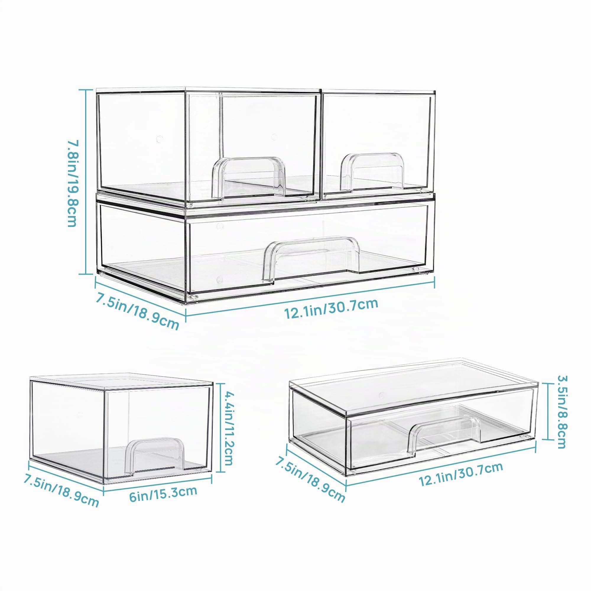 Vtopmart Set di 3 Organizer Cassetti, Cassetti per Armadio Interno, Trasparente Cassettiera Plastica, Scatola Porta Oggetti con Cassetti, Organizer per il Bagno, Tavolo da Toeletta, Scrivania