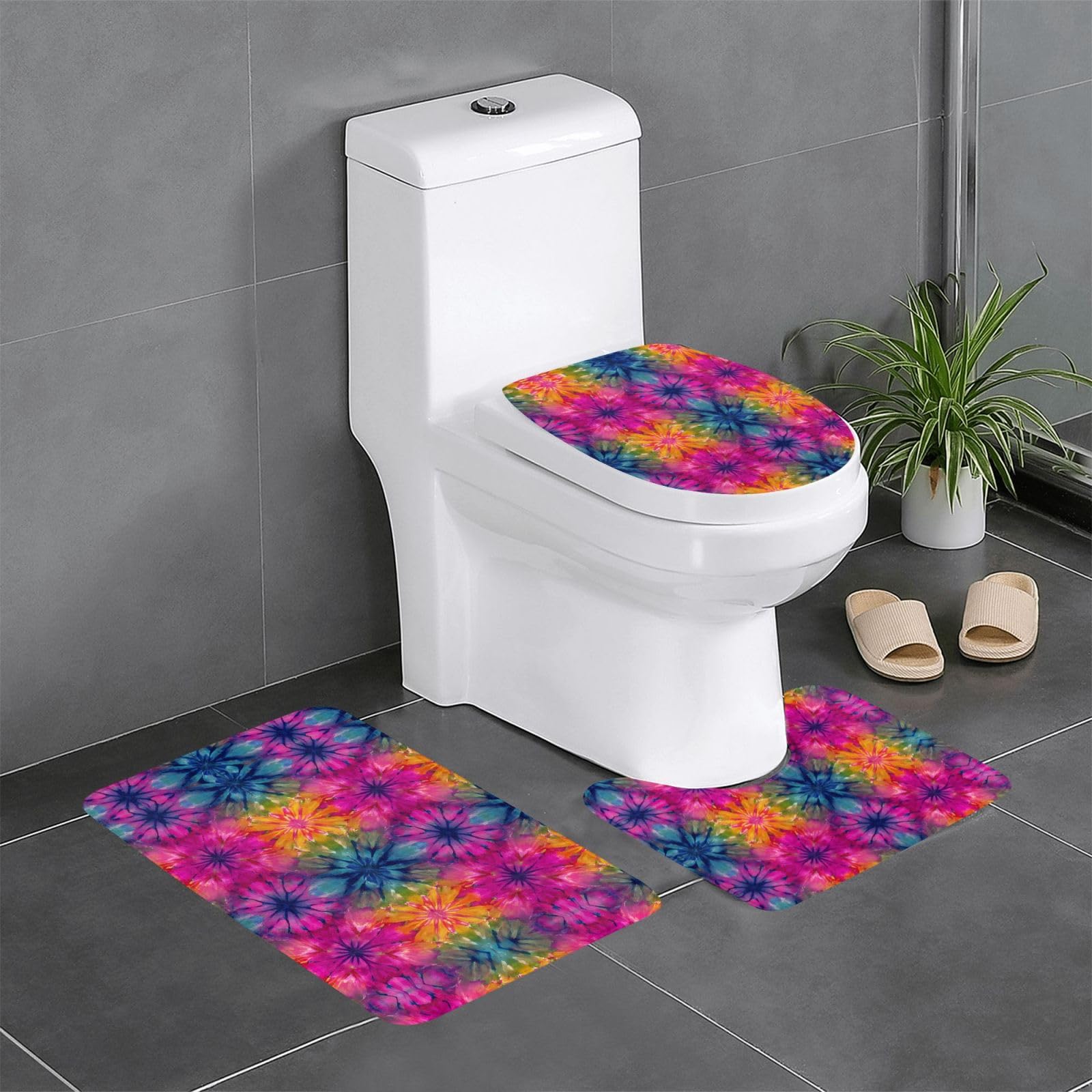Tapis de salle de bain tie-dye 3 pièces contre les glissades WC et lavabo