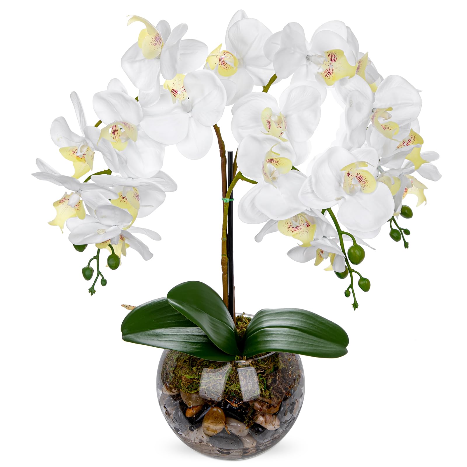 White Orchids Artificial Flowers 16.5" Faux Orchids Plant in Pot Fake Flower Arrangements with Glass Vases White Centerpieces for Kitchen Dining Room Tables Bathroom Nightstand Shelf Desk Decor
