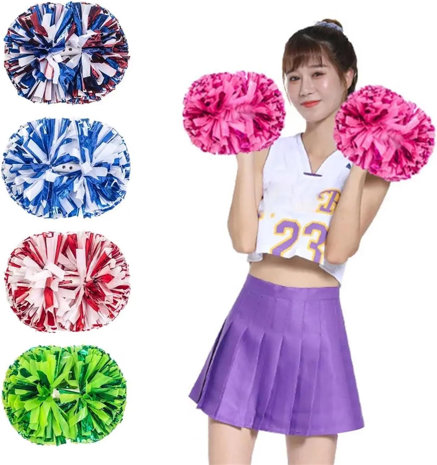Dance Cheerleading Pompoms, Metallic Cheerleading Pom Poms 2 Pcs Multicolor with Handle
