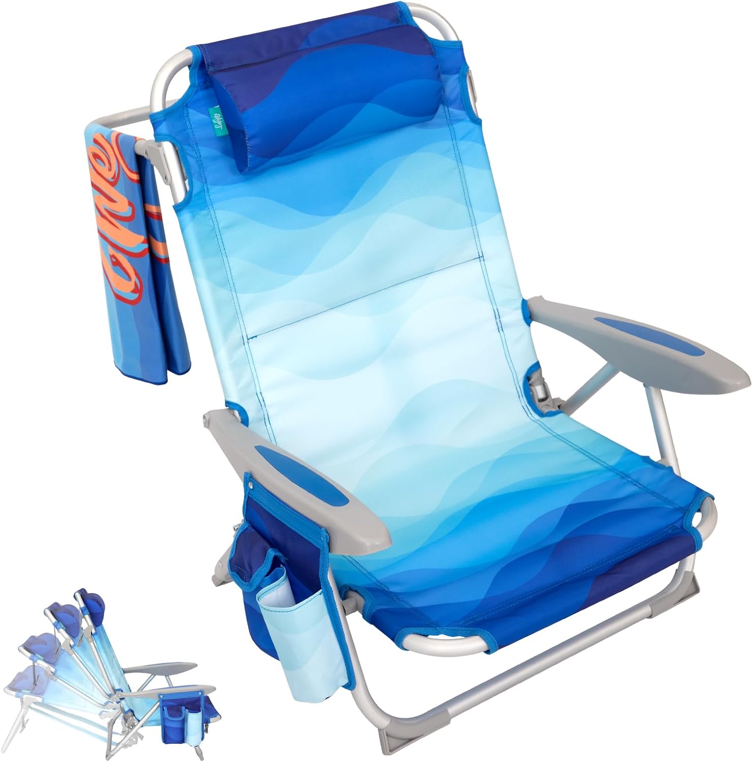 #WEJOY Folding Beach Chair for Adults, 4-Position Aluminum Lightweight Beach Chair, Low Sands Chairs with Shoulder Strap, Cup Holder and Padded Headrest, Supports 265lbs for Lawn Classic 4 Position #C 1 Pack Blue Pattern