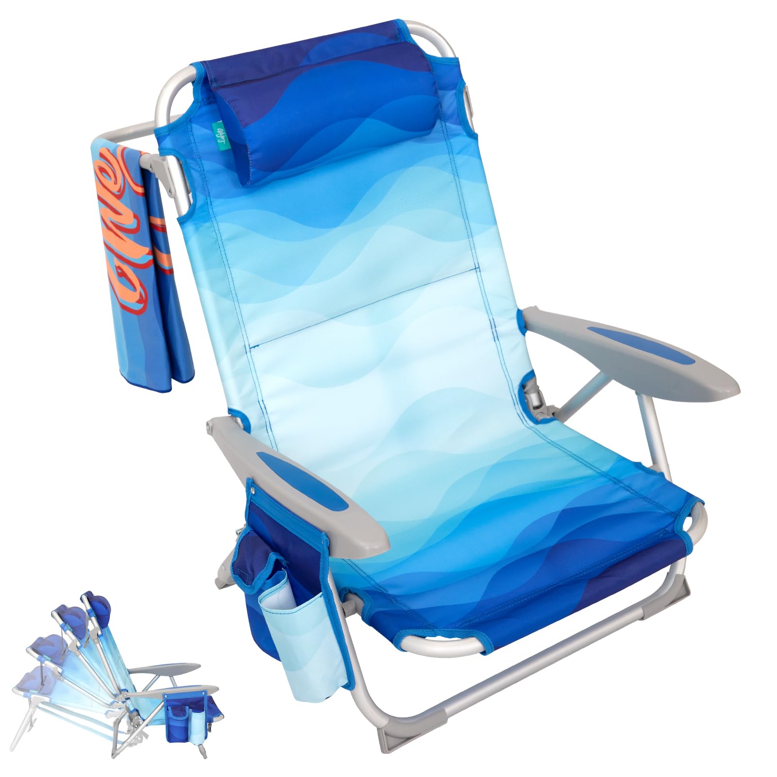 #WEJOY Folding Beach Chair for Adults, 4-Position Aluminum Lightweight Beach Chair, Low Beach Chairs with Shoulder Strap, Cup Holder and Padded Headrest, Supports 265lbs for Beach Lawn,Bluepattern