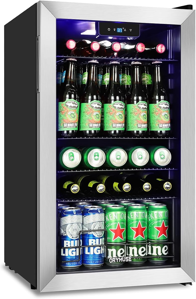 3.2 Cu.Ft Beverage Refrigerator, 130 Can Mini Fridge with Glass Door & Digital Temperature Control, Compressor Cooling Freestanding Cooler for Soda, Beer, Wine, Home, Office & Bar - Silver