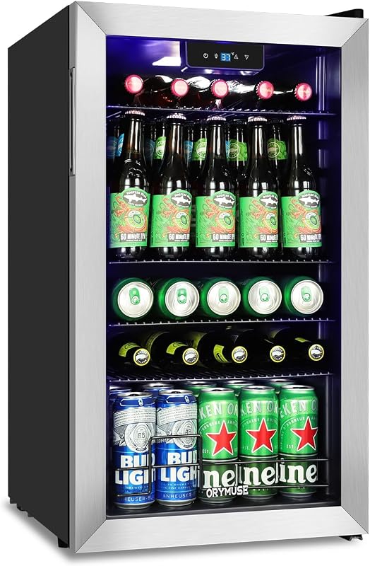 3.2 Cu.Ft Beverage Refrigerator, 130 Can Mini Fridge with Glass Door & Digital Temperature Control, Compressor Cooling Freestanding Cooler for Soda, Beer, Wine, Home, Office & Bar - Silver