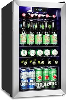 ORYMUSE 3.2 Cu.Ft Beverage Refrigerator, 130 Can Mini Fridge with Glass Door & Digital Temperature Control, Compressor Cooling Freestanding Cooler for Soda, Beer, Wine, Home, Office & Bar - Silver