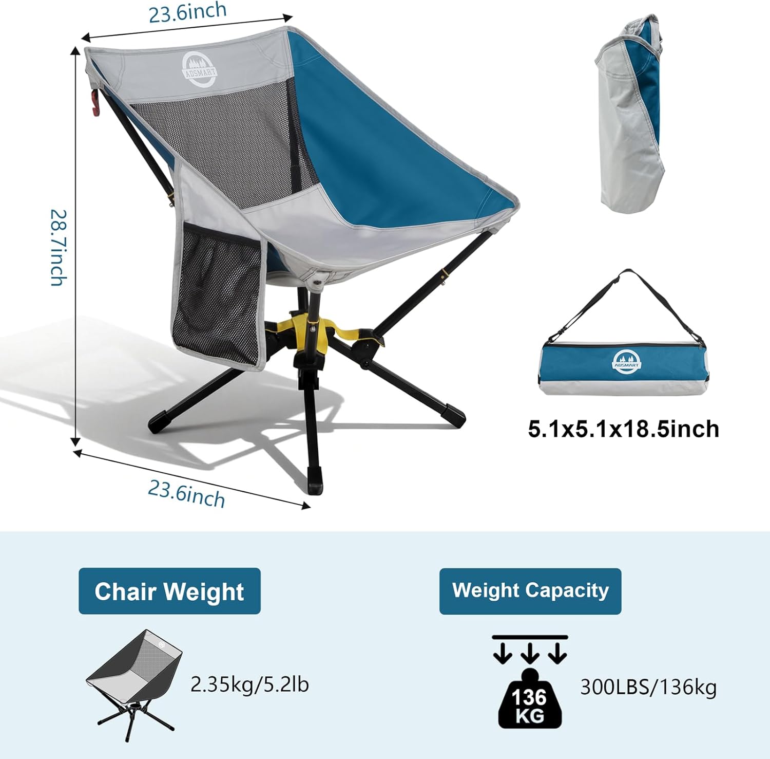 ADSMART Portable Camping Chair Lightweight Folding Chair for Camping - Outdoor Chair Supports 300 Lbs - Camp Chair Outdoor Adventures